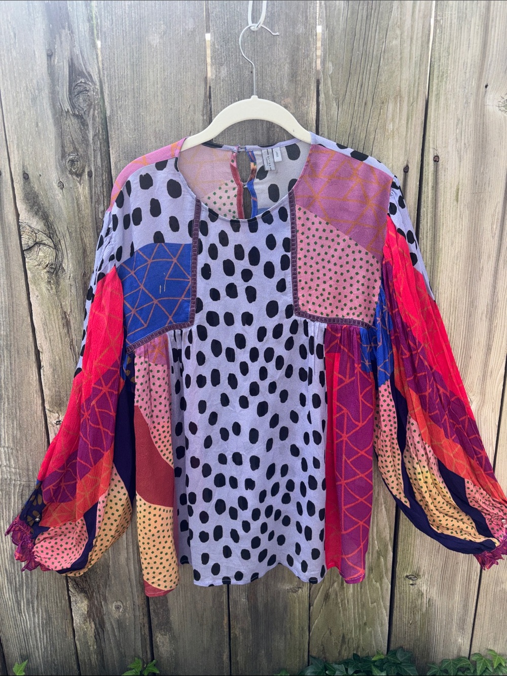 Mixed-Print Balloon Sleeve Blouse in Pink & Blue